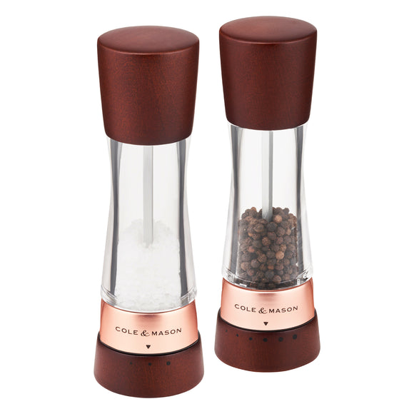 Salt and Pepper Mill | Acrylic with Chestnut Wood and Rose Gold Stainless Steel | Derwent | Cole & Mason