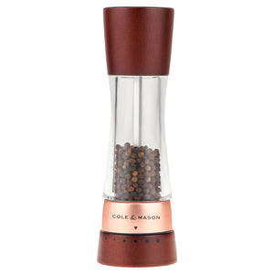 Salt and Pepper Mill | Acrylic with Chestnut Wood and Rose Gold Stainless Steel | Derwent | Cole & Mason