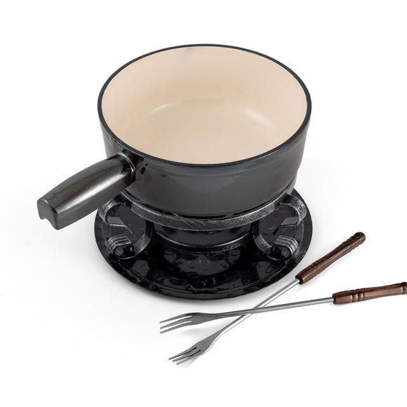 9-Piece Cast Iron Fondue Set | Lugano | Metallic Black | Swissmar