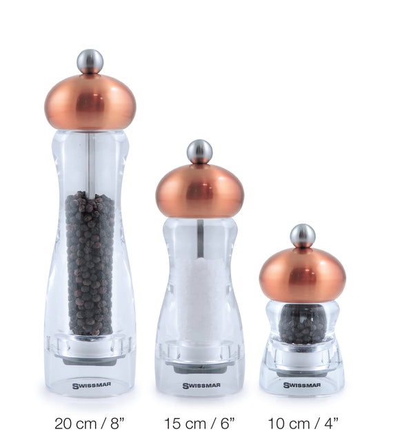 Salt and Pepper Mill | Clear Acrylic with Metallic Copper Top | Andrea | Swissmar