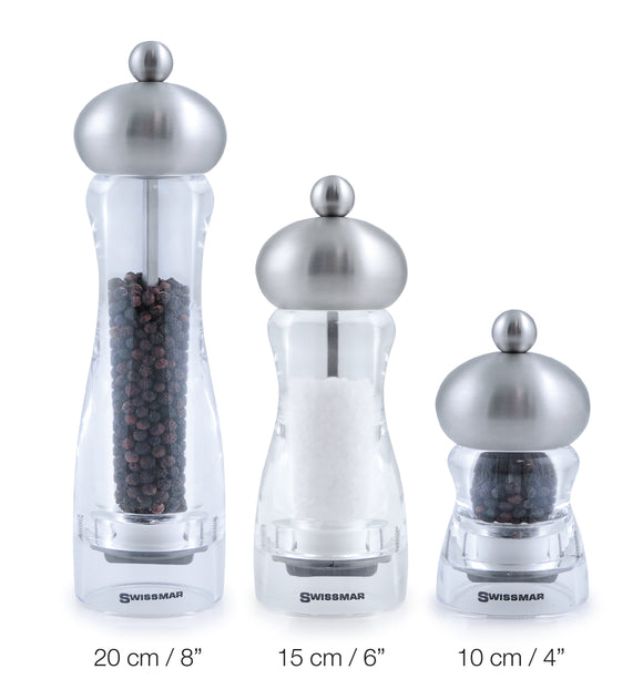Salt and Pepper Mill | Clear Acrylic with Brushed Stainless Steel Top | Andrea | Swissmar