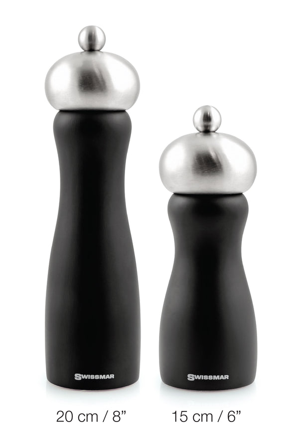 Salt and Pepper Mill | Black Matte Wood with Stainless Steel Top | Belle | Swissmar