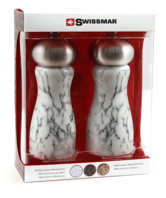 Salt and Pepper Mill Grinder Set | Marble and Stainless Steel | Swissmar