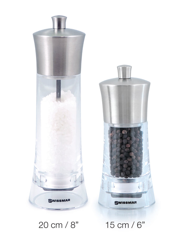 Salt and Pepper Mill | Clear Acrylic with Stainless Steel Top | Torre | Swissmar